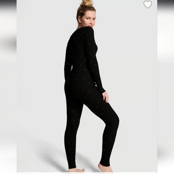 Victoria's Secret Other - Rhinestone Studded Bling Waffle Weave Romper Pajamas Long Sleeve Thermal XS S